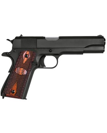 Auto-Ordnance 1911BKOW 1911 A1 GI Spec 45 ACP 7+1, 5" Stainless Steel Barrel, Matte Black Serrated Carbon Steel Slide &amp; Frame w/Beavertail, Checkered Wood w/Integrated US Logo Grip