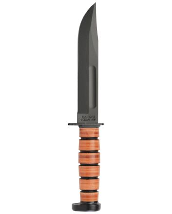 Ka-Bar 1317 Dog's Head Utility Knife 7" Fixed Clip Point Plain Black 1095 Cro-Van Blade, Brown Leather Handle, Includes Sheath