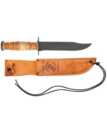 Case 00334 USMC7" Fixed Clip Point Plain Blackened 1095 Carbon Steel Blade Grooved Leather Handle