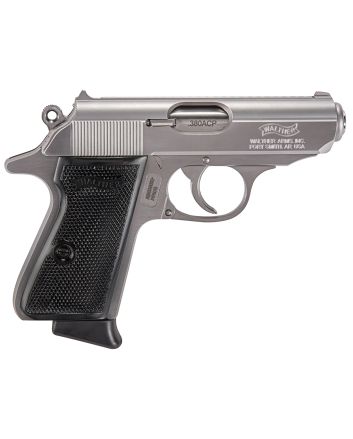 Walther Arms 4796004 PPK/S380 ACP 7+1 3.30" Stainless Steel Barrel, Stainless Steel Serrated Zinc Alloy Slide, Stainless Aluminum Frame w/Beavertail, Black Polymer Grip, Manual Thumb Safety