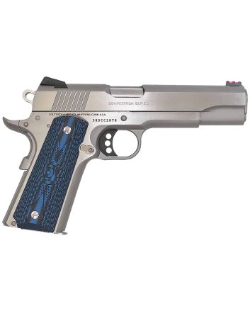 Colt Mfg O1073CCS Competition Government 38 Super 9+1 5" Stainless National Match Barrel, Serrated Slide &amp; Frame w/Beavertail, Checkered Blue G10 Grip, Ambidextrous