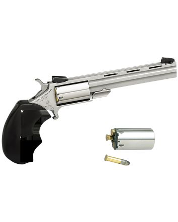 North American Arms MMC Mini-Master *CA Compliant 22 LR or 22 WMR 5rd 4" Vent Rib Barrel, Overall Stainless Steel Finish &amp; Finger Grooved Black Rubber Grip Includes Cylinder