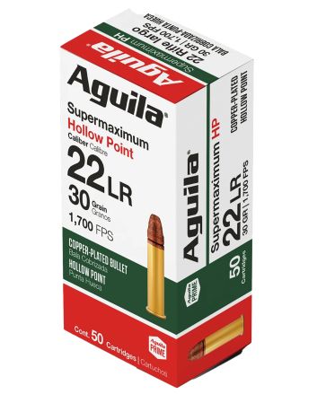 Aguila 1B220297CPHP Supermaximum Rimfire 22LR 30gr Hollow Point 50 Per Box/20 Case