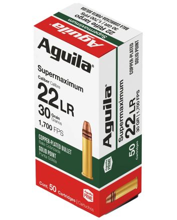 Aguila 1B220298 Supermaximum Rimfire 22LR 30gr Copper Plated Solid Point 50 Per Box/20 Case