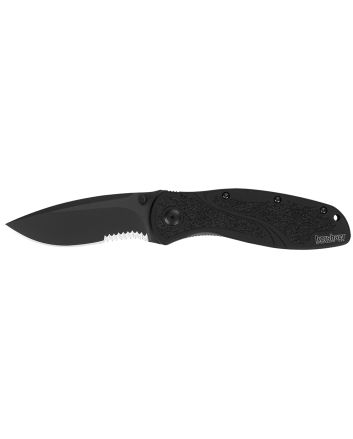 Kershaw 1670BLKST Blur3.40" Folding Drop Point w/Recurve Part Serrated Black DLC 14C28N Steel Blade Black Anodized Aluminum Handle Includes Pocket Clip