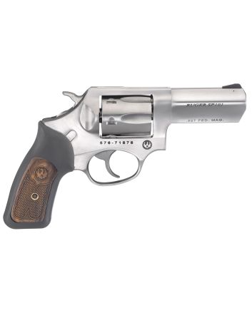 Ruger 5784 SP101327 Federal Mag3" Barrel 6rd Triple-Locking Cylinder, Satin Stainless Steel, Cushioned Rubber With Engraved Wood Insert Grip, Transfer Bar Safety