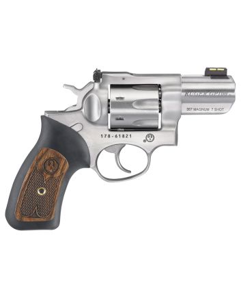 Ruger 1774 GP100Small Frame 357 Mag 7 Shot, 2.50" Satin Stainless Steel Barrel, Satin Stainless Cylinder, Satin Stainless Steel Frame, Black Rubber w/Wood Insert Grip, Exposed Hammer