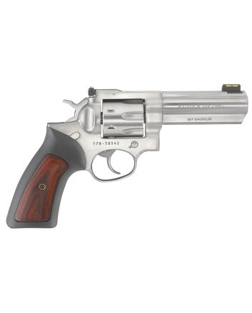 Ruger 1771 GP100357 Mag 7 Shot, 4.20" Satin Stainless Steel Barrel, Satin Stainless Cylinder, Satin Stainless Steel Frame, Black Rubber w/Wood Insert Grip, Exposed Hammer