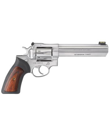Ruger 1773 GP100357 Mag 7 Shot, 6" Satin Stainless Steel Barrel, Satin Stainless Cylinder, Satin Stainless Steel Frame, Black Rubber w/Wood Insert Grip, Exposed Hammer