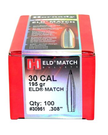 Hornady 30951 ELD Match30 Cal .308 195 gr Extremely Low Drag Match 100 Per Box/ 15 Case