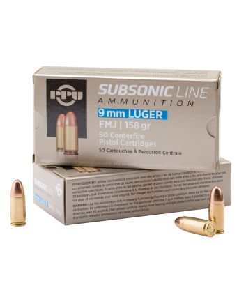 PPU PPS9MM Subsonic9mmLuger Subsonic 158gr Full Metal Jacket 50 Per Box/20 Case
