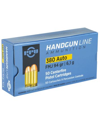 PPU PPH380AF Handgun380ACP 94gr Full Metal Jacket 50 Per Box/20 Case