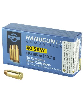 PPU PPH40F Handgun40S&amp;W 165gr Flat Point Jacketed 50 Per Box/10 Case