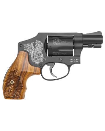Smith &amp; Wesson 150785 Model 44238 S&amp;W Spl +P 5 Shot 1.88" Engraved Black Carbon Steel Barrel/Cylinder, Engraved Black Aluminum J-Frame, Engraved Wood Grip, Mahogany Presentation Case