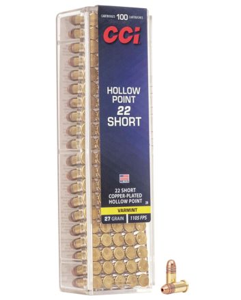 CCI 0028 VNT Rimfire 22Short 27gr Copper Plated Hollow Point 100 Per Box/50 Case