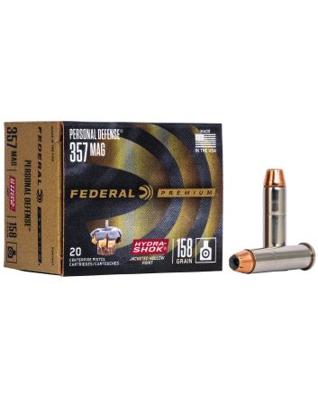 Federal P357HS1 Premium Personal Defense 357Mag 158gr Hydra-Shok Jacketed Hollow Point 20 Per Box/25 Case
