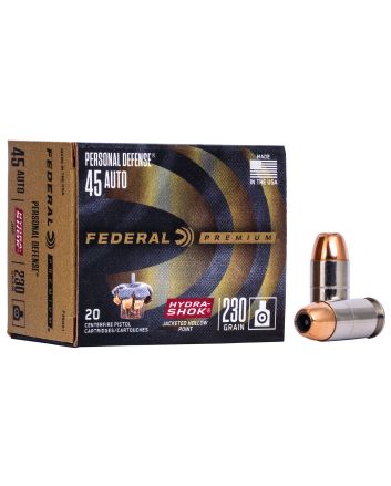 Federal P45HS1 Premium Personal Defense 45ACP 230gr Hydra-Shok Jacketed Hollow Point 20 Per Box/25 Case