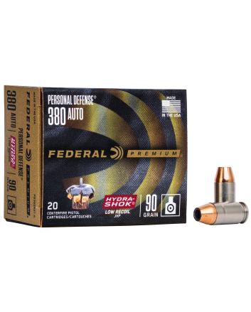 Federal PD380HS1H Premium Personal Defense Low Recoil 380ACP 90gr Hydra-Shok Jacketed Hollow Point 20 Per Box/10 Case