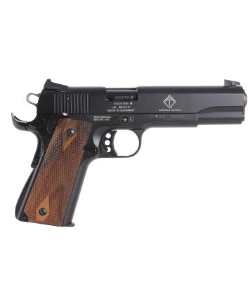 GSG GSG2210M1911CA 1911 *CA Compliant 22 LR 10+1 5" All Black Anodized Steel Barrel, Serrated Slide, Zinc Alloy w/Beavertail Frame, Double Diamond Walnut Grip