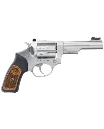 Ruger 5765 SP10122 LR 8rd 4.20" Satin Stainless Steel Barrel, Cylinder &amp; Frame, Black Rubber w/Wood Insert Grip, Transfer Bar Safety, Exposed Hammer