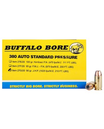 Buffalo Bore Ammunition 27G20 Standard Pressure Strictly Business 380ACP 90gr Jacket Hollow Point 20 Per Box/12 Case