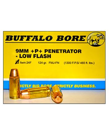 Buffalo Bore Ammunition 24F20 Penetrator Strictly Business 9mmLuger +P+ 124gr Full Metal Jacket Flat Nose 20 Per Box/12 Case