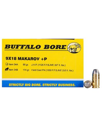 Buffalo Bore Ammunition 34B20 Personal Defense Strictly Business 9x18Makarov +P 115gr Hard Cast Flat Nose 20 Per Box/12 Case
