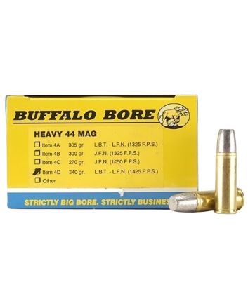 Buffalo Bore Ammunition 4D20 Heavy Strictly Business 44Rem Mag +P+ 340gr Lead Flat Nose 20 Per Box/12 Case