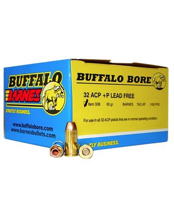 Buffalo Bore Ammunition 30B20 Buffalo-Barnes Strictly Business 32ACP +P 60gr Barnes TAC-XP Lead Free 20 Per Box/12 Case