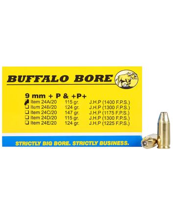 Buffalo Bore Ammunition 24A20 Personal Defense Strictly Business 9mmLuger +P+ 115gr Jacket Hollow Point 20 Per Box/12 Case