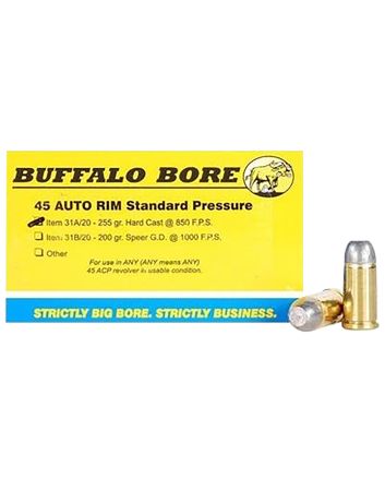Buffalo Bore Ammunition 31A20 Standard Pressure Strictly Business 45Auto Rim 255gr Hard Cast Flat Nose 20 Per Box/12 Case