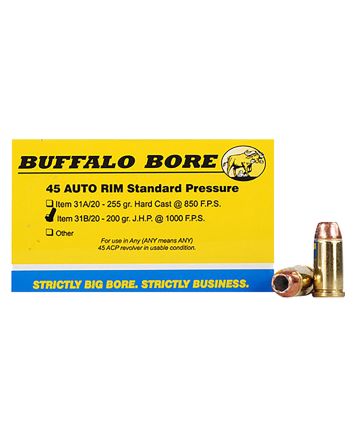 Buffalo Bore Ammunition 31B20 Standard Pressure Strictly Business 45Auto Rim 200gr Jacket Hollow Point 20 Per Box/12 Case