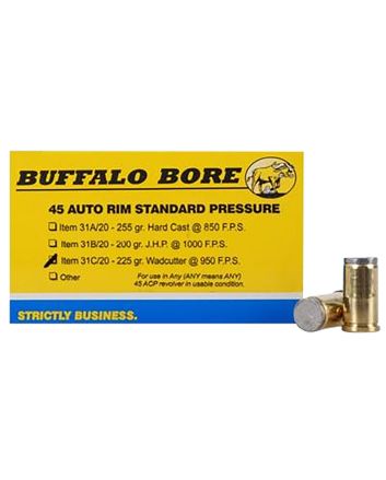 Buffalo Bore Ammunition 31C20 Standard Pressure Strictly Business 45Auto Rim 225gr Wadcutter 20 Per Box/12 Case