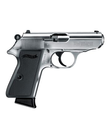 Walther Arms 5030320 PPK/S22 LR 10+1 3.30" Steel/Threaded Barrel, Nickel Serrated/Steel Slide, Stainless Zinc Alloy Frame w/Beavertail, Black Checkered Polymer Grips