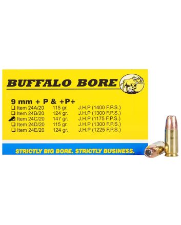 Buffalo Bore Ammunition 24C20 Personal Defense Strictly Business 9mmLuger +P+ 147gr Jacket Hollow Point 20 Per Box/12 Case