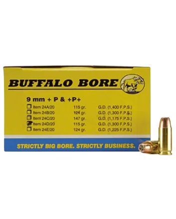 Buffalo Bore Ammunition 24D20 Personal Defense Strictly Business 9mmLuger +P 115gr Jacket Hollow Point 20 Per Box/12 Case