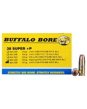 Buffalo Bore Ammunition 33E20 Personal Defense Strictly Business 38Super +P 147gr Jacket Hollow Point 20 Per Box/12 Case