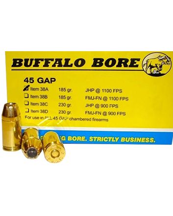 Buffalo Bore Ammunition 38A20 Personal Defense Strictly Business 45GAP 185gr Jacket Hollow Point 20 Per Box/12 Case