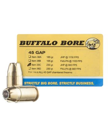 Buffalo Bore Ammunition 38C20 Personal Defense Strictly Business 45GAP 230gr Jacket Hollow Point 20 Per Box/12 Case