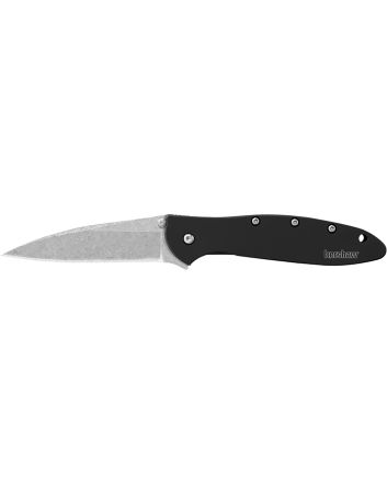 Kershaw 1660SWBLK Leek3" Folding Drop Point Plain Stonewashed 14C28N Steel Blade Black Anodized Aluminum Handle Includes Pocket Clip