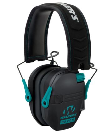 Walker's GWPRSEMTL Razor Slim Electronic Muff 23 dB Over the Head Black Polymer w/Teal Accents