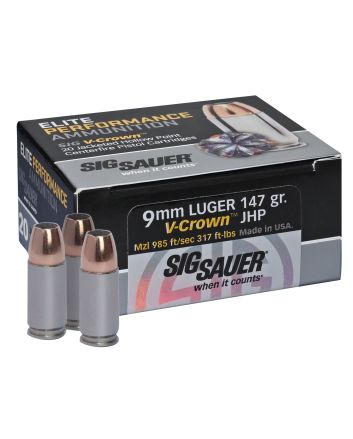 Sig Sauer E9MMA320 Elite Performance9mmLuger 147gr V-Crown Jacketed Hollow Point 20 Per Box/10 Case