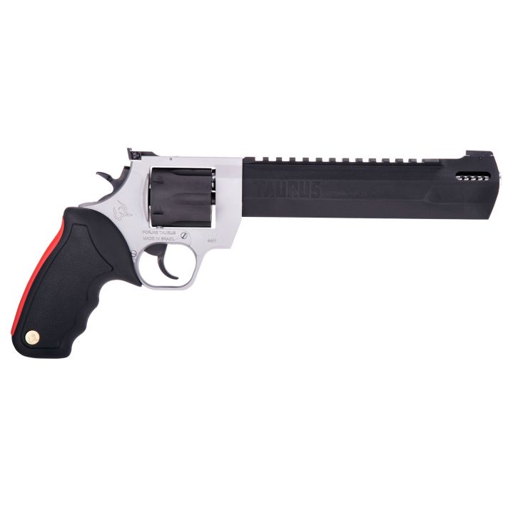 Taurus 2-440085RH Raging Hunter44 Rem Mag 6rd 8.37" Black Stainless Steel Barrel Matte Black Oxide Cylinder Matte Stainless Steel Frame Black Rubber with Integrated Red Cushion Insert Grip