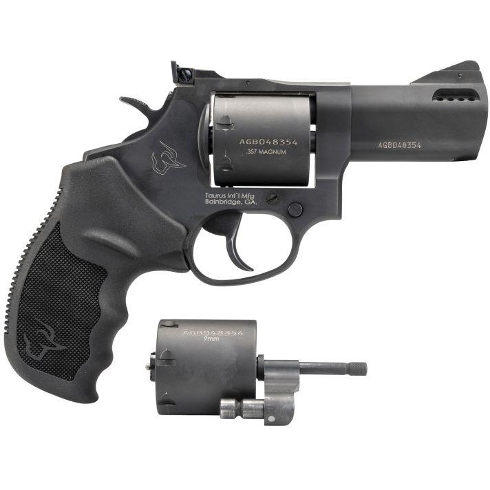 Taurus 2692031 6929mm Luger, 38 Special +P or 357 Mag Caliber with 3" Ported Barrel, 7rd Capacity Cylinder, Overall Matte Black Finish Steel & Black Ribber Grip Includes 2 Cylinders
