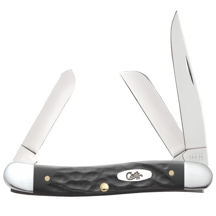 Case 18222 StockmanMedium Folding, 2.57"/1.88"/1.71" Clip Point/Sheepsfoot/Spey Plain Mirror Polished Tru-Sharp SS Blade, Rough Black Jigged Synthetic Handle