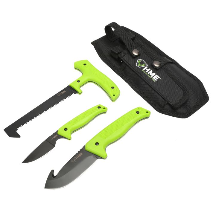 HME KN3PFK 3-Piece Field Kit Fixed 420HC Stainless Steel Black Oxide Thermoplastic Rubber Green 9.50" Gut Hook/8.75" Saw/7.50" Caper