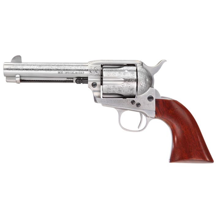 Taylors & Company 550926 1873 Cattleman 45 Colt (LC) Caliber with 4.75" Barrel, 6rd Capacity Cylinder, Overall White Floral Engraved Finish Steel & Walnut Grip