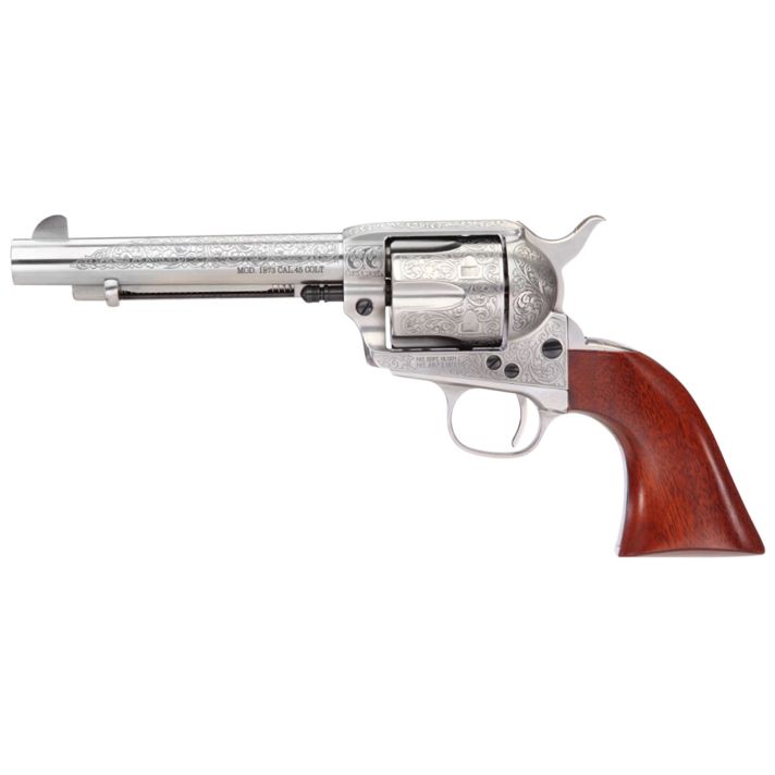 Taylors & Company 550929 1873 Cattleman 357 Mag Caliber with 5.50" Barrel, 6rd Capacity Cylinder, Overall White Floral Engraved Finish Steel & Walnut Grip