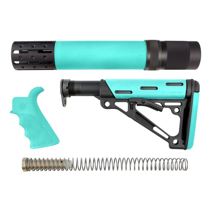 Hogue 13478 OverMolded 3-Piece Kit Collapsible Aqua OverMolded Rubber Black & Aqua Rubber Grip, Rifle Length Forend AR15, M16