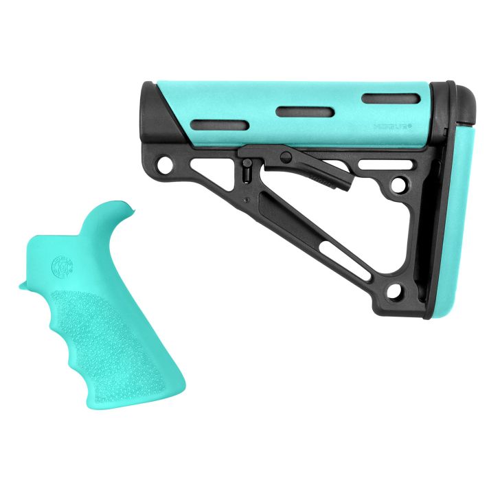 Hogue 13455 OverMolded 2-Piece Kit Collapsible Aqua OverMolded Rubber Black & Aqua Rubber Grip for AR15, M16 with Commercial Tube (Tube Not Included)